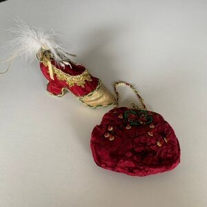 Lot of 2 Red Velveteen Kiss Purse and Ladies Shoe Christmas ornaments.   Victori